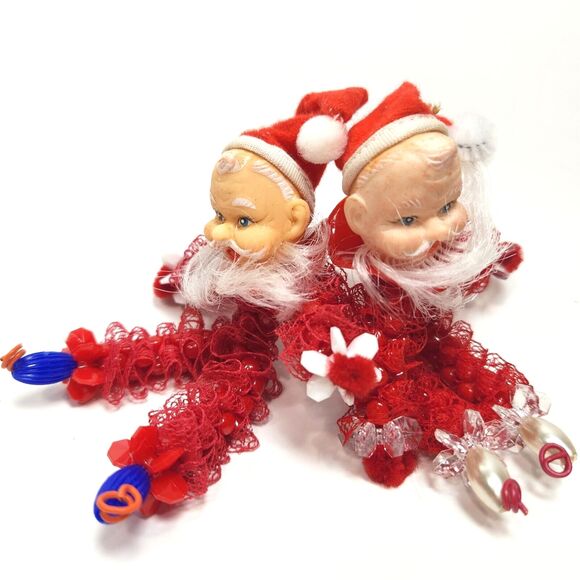 Vintage Beaded Santa Claus Ornaments 2 Retro Hand Made Rubber Face MCM - Picture 2 of 4